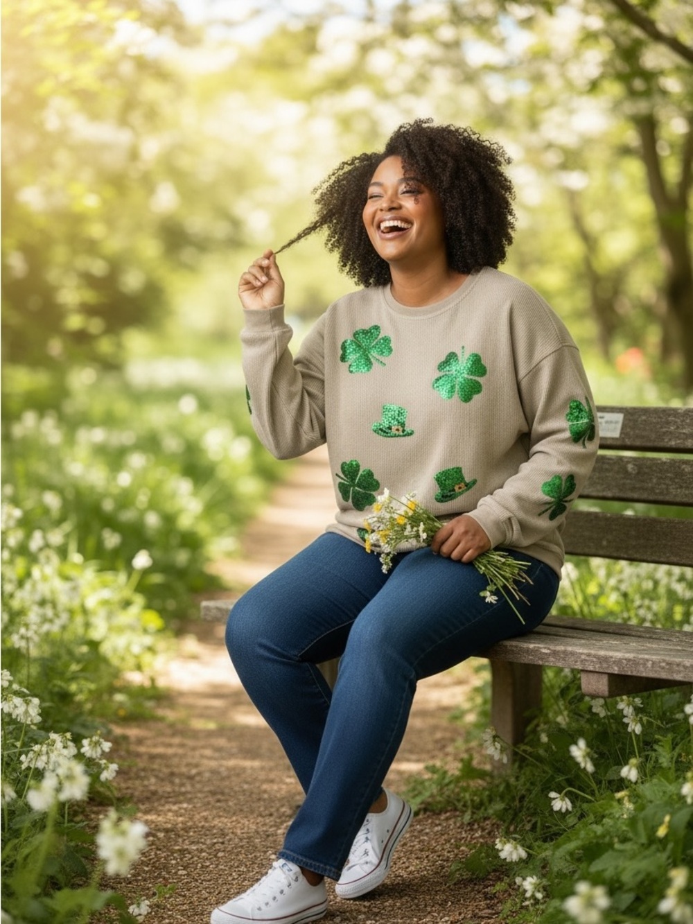 Cozy Grey Women's Shamrock Sweater with Green Sequin Accents